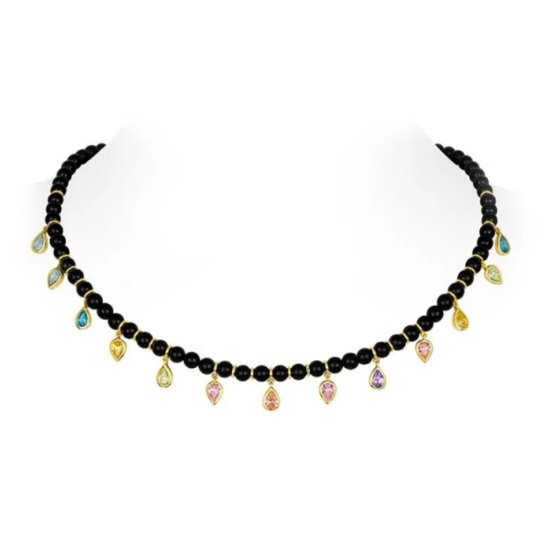 BELLUX Tassel Collarbone Chain 925 Silver Synthetic Zircon Black Round Beads Colorful Water Drop Full Diamond Unique Necklace