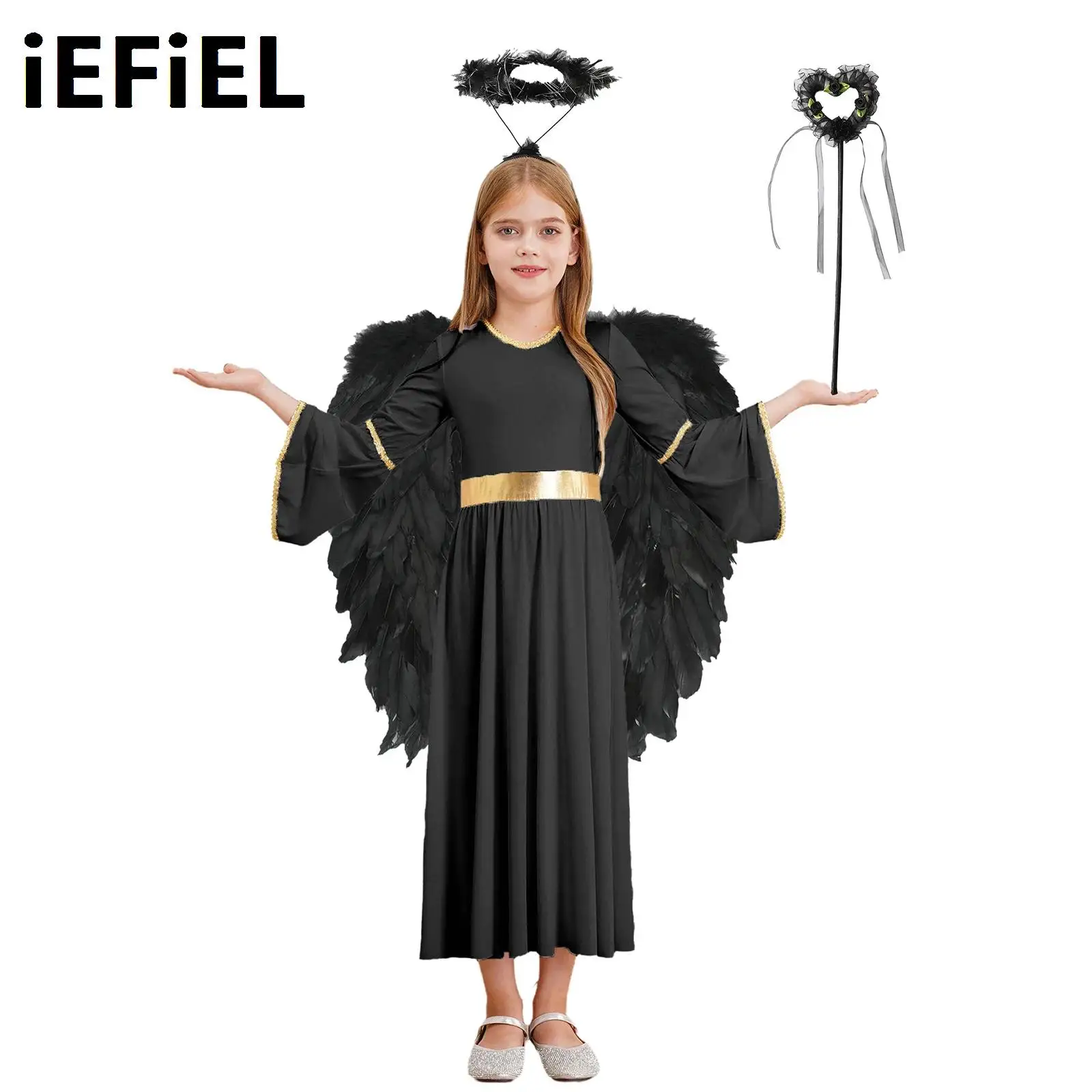 

Girls Angel Role Play Dress with Feather Angel Wings Headband And Fairy Sticks Set Halloween Party Performance Costume