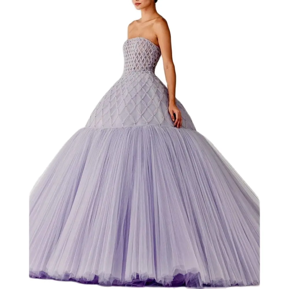 Lavender Criss-Cross Formal Evening Dress with Pearls Fashion Strapless Floor Length A-Line Gowns Photography Party Prom Dresses