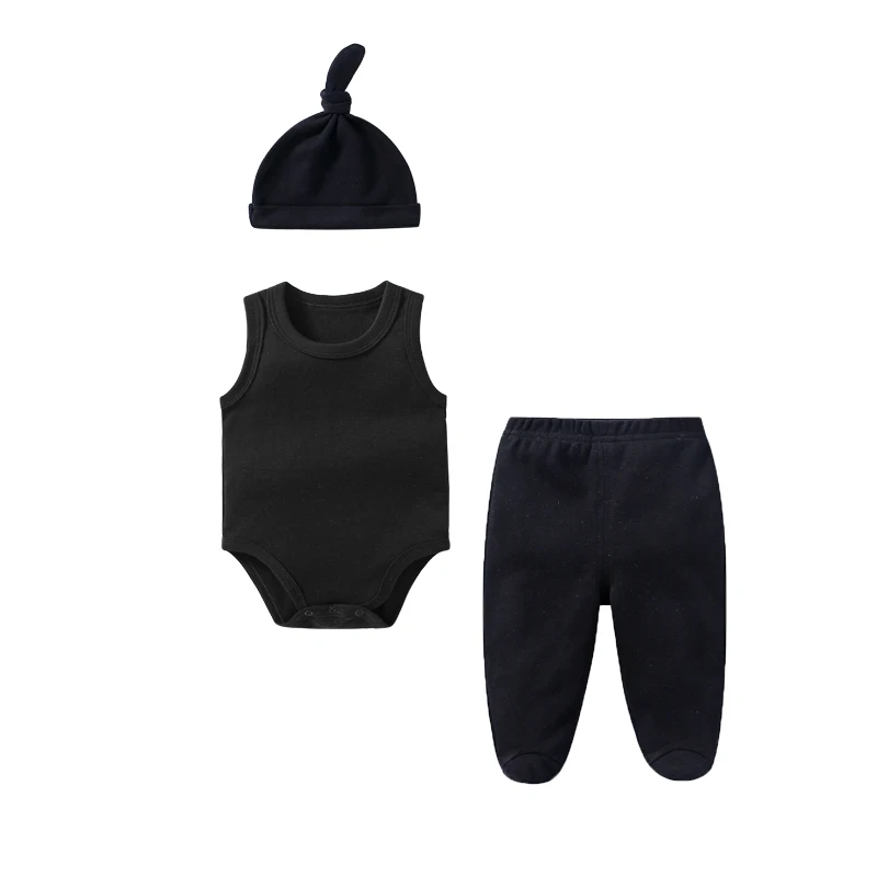 

Newborn Baby Set 3Pcs Outfits 0-12 Months Solid Color Cotton Vest Bodysuits+Foot Wrap Pants+Hat Baby Boy Girl Clothing