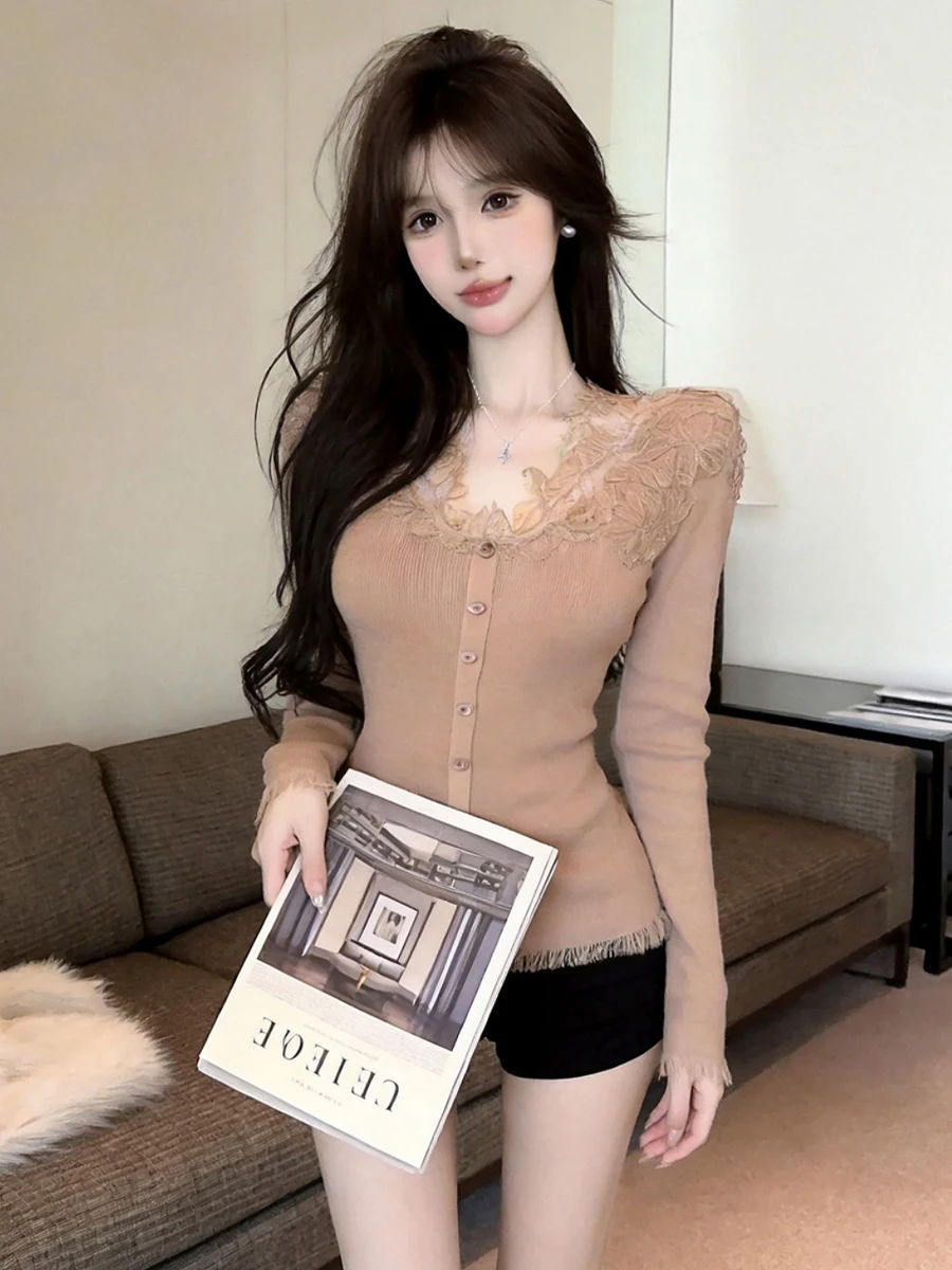 Soft Style Long Sleeve Knitted Shirt Lace Collar Patchwork Design Slim Fit Versatile Wood Grain  Turn-down Collar Top