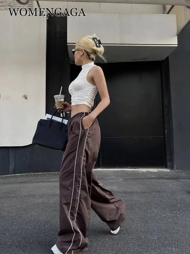 WOMENGAGA Elastic Waist Strap Work Casual Pants For Women's 2026 Summer New High Waist Loose Wide Leg Straight Long Pants IW8M