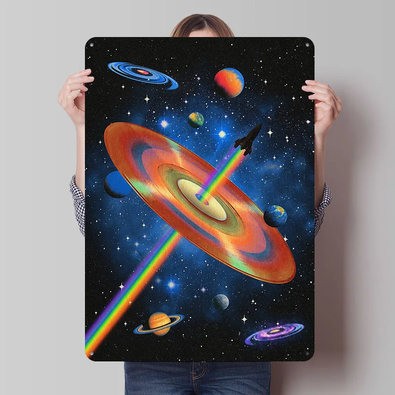Cosmic Vinyl Record and Rocket Poster Customized Vintage Metal Signs Wall Art Retro Tin Plaque for Interior Accessories House