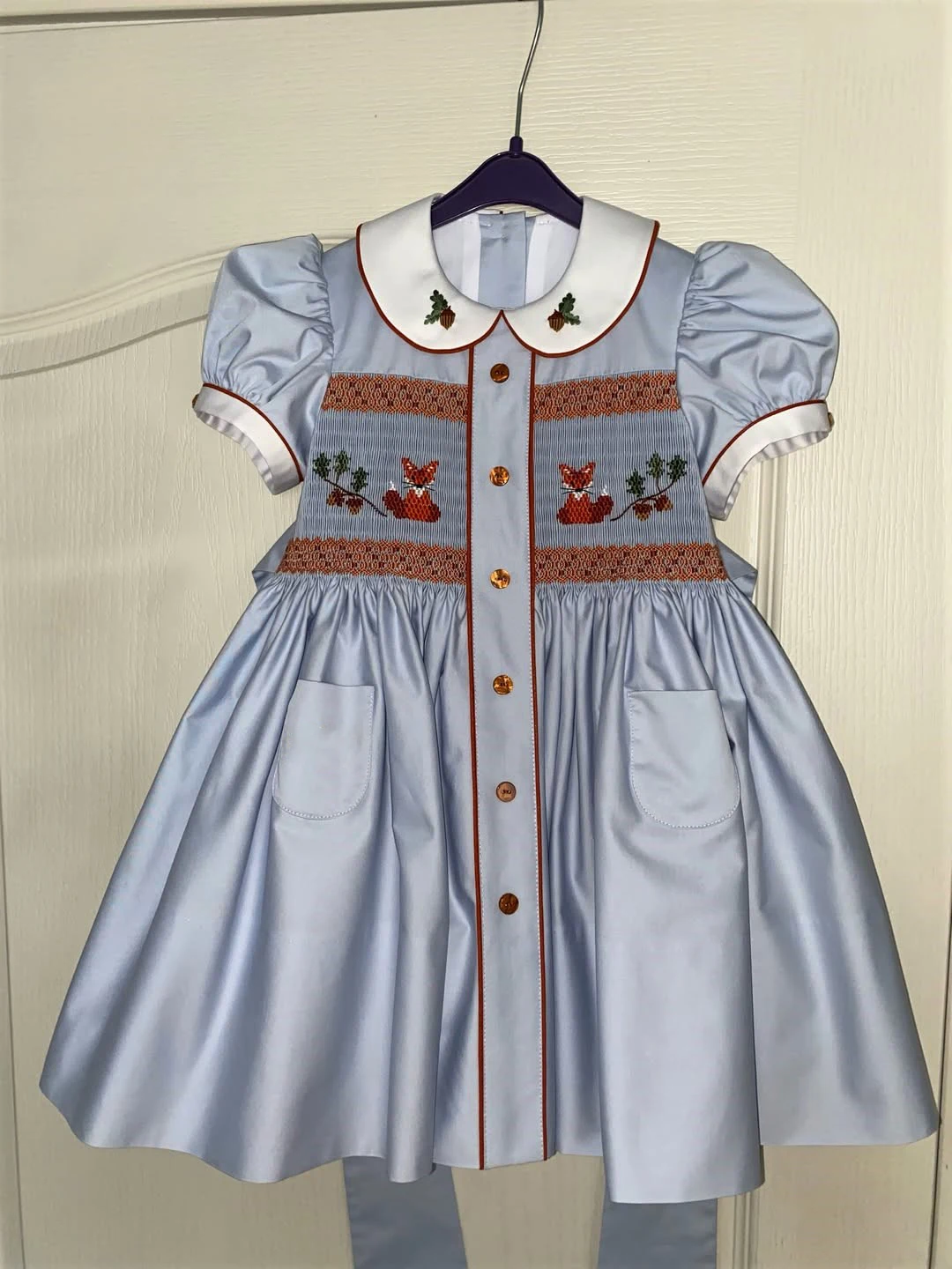 Baby Boy Girl Suit Sweet Handmade Embroidered Animal Fox Leaf Blue Smocked Dress Outfit For Casual Party Birthday Photography view 2