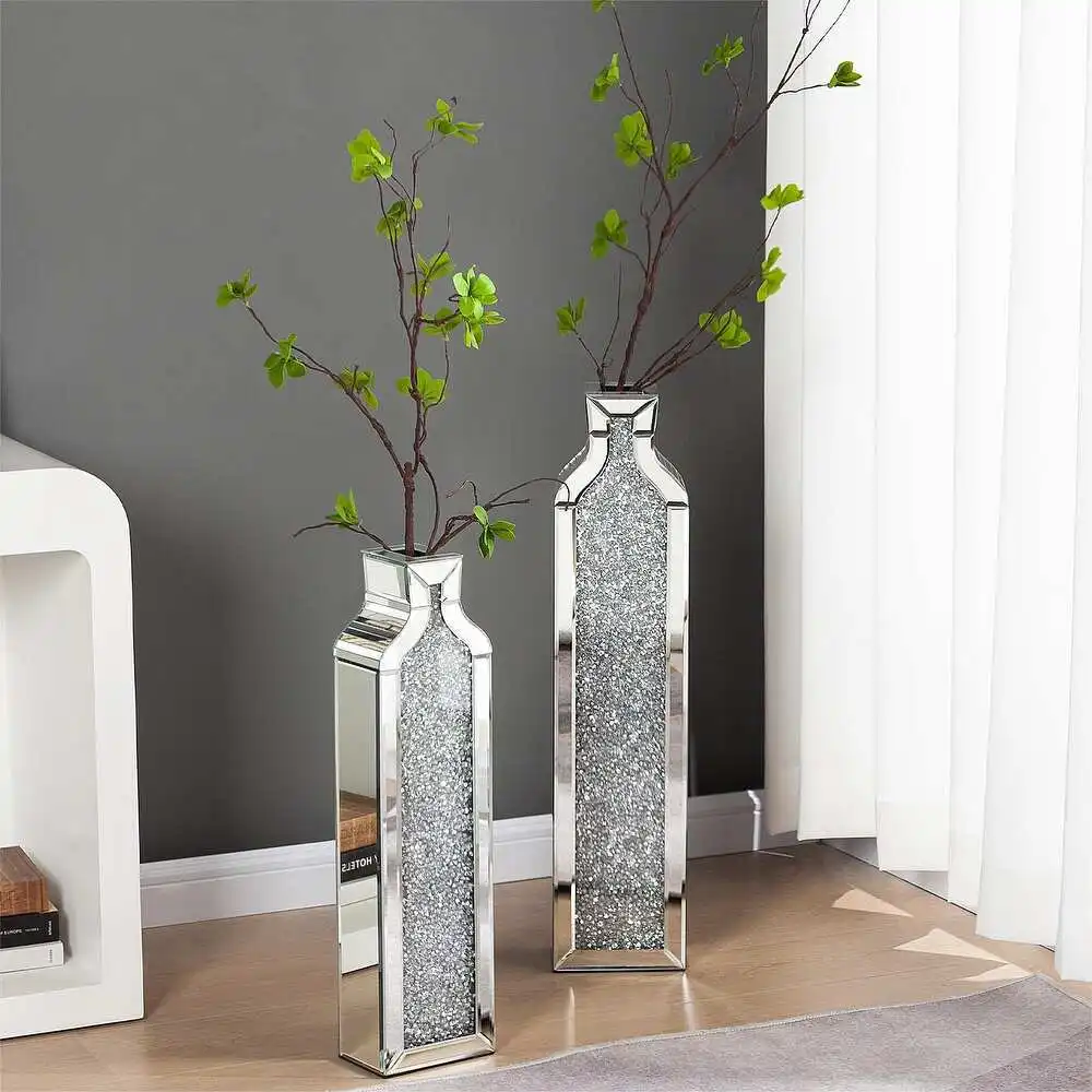 مجموعة فاخرة مكونة من قطعتين من مزهرية أرضية مرآة كبيرة مكسورة من الماس، مزهرية لتزيين المنزل في غرفة المعيشة #4