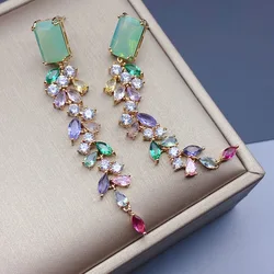 Bilincolor Green Leaf Long Tassel Cubic Zirconia Earring for Women Wedding Jewelry