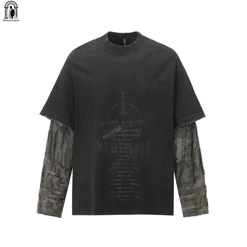 Vintage Washed Double Layer Long Sleeve T-Shirt | Camouflage Mesh Sleeve & Leopard Script Print | Streetwear for Men