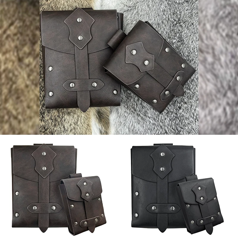 

Medieval Viking Knight Waist Bag Retro Rivet Punk PU Leather Bag 2Pcs/ Set Waist Belt Pouch Coin Purse Cosplay Stage Props