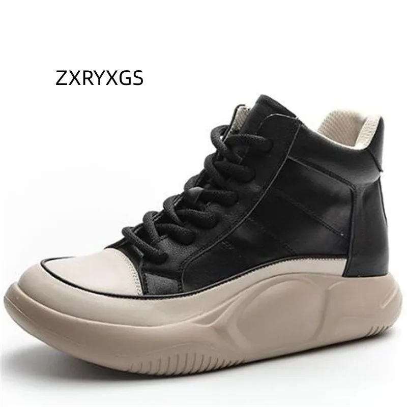 ZXRYXGS 2024 Spring New High Top Women's Sneakers Shoes Casual Single Ankle Boots Toe Layer Cowhide Thick Bottom Tide Shoes