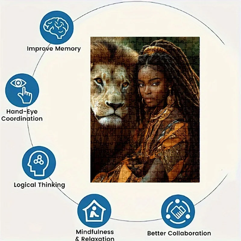 1000 Fun DIY Puzzles - Charming Lady with Long Hair and Golden J Shape (6) Educational Game, 19.7x27.6 inches, Vivid African A