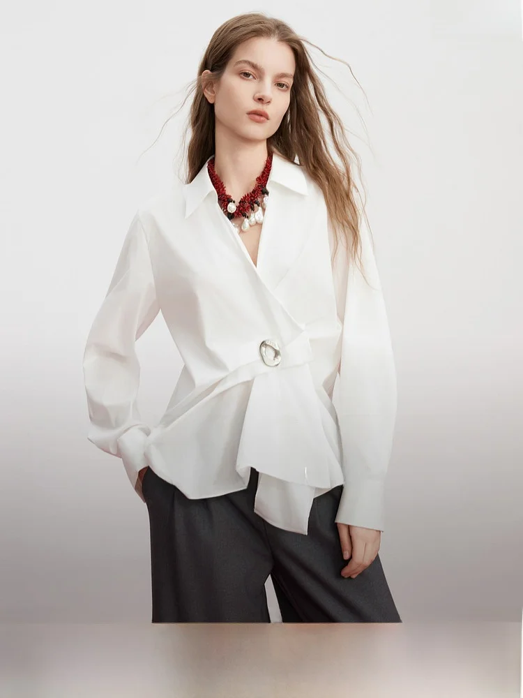 

Elegant Fashionable V-neck Shirt Women's Premium White Agate River ELLE Spring New Style Commute Style Loose Fit Long Sleeve