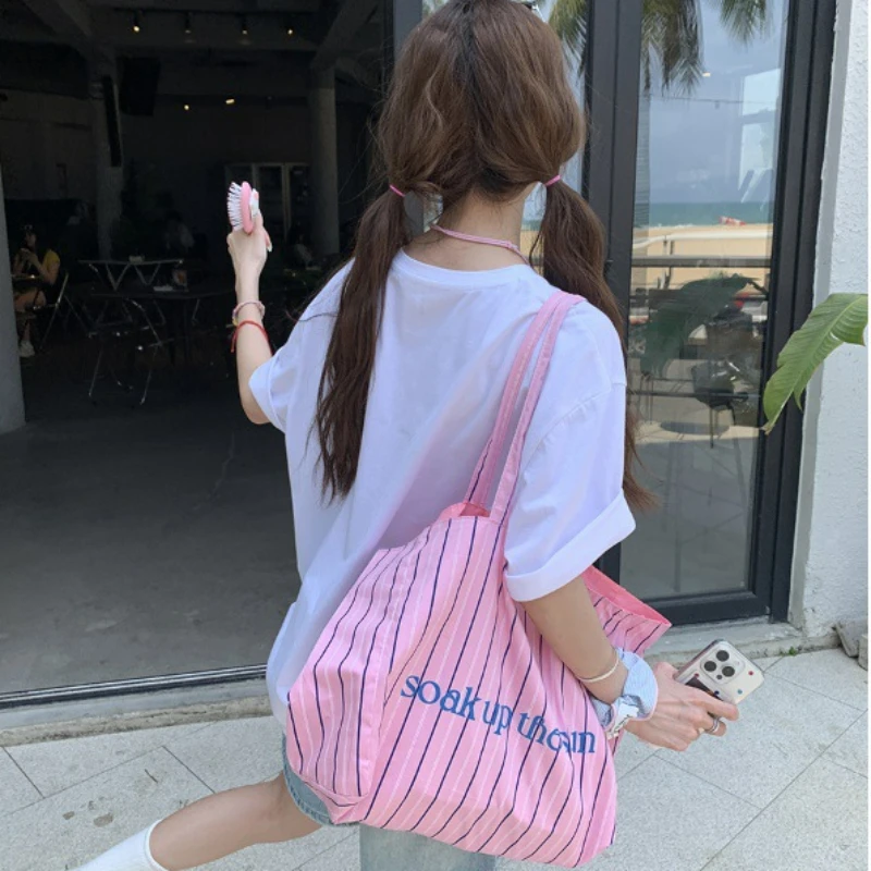 Cross border Fashion Stripe Handbag Letter Printing Single Shoulder Bag Casual Extra Large Capacity Handheld Shopping Bag