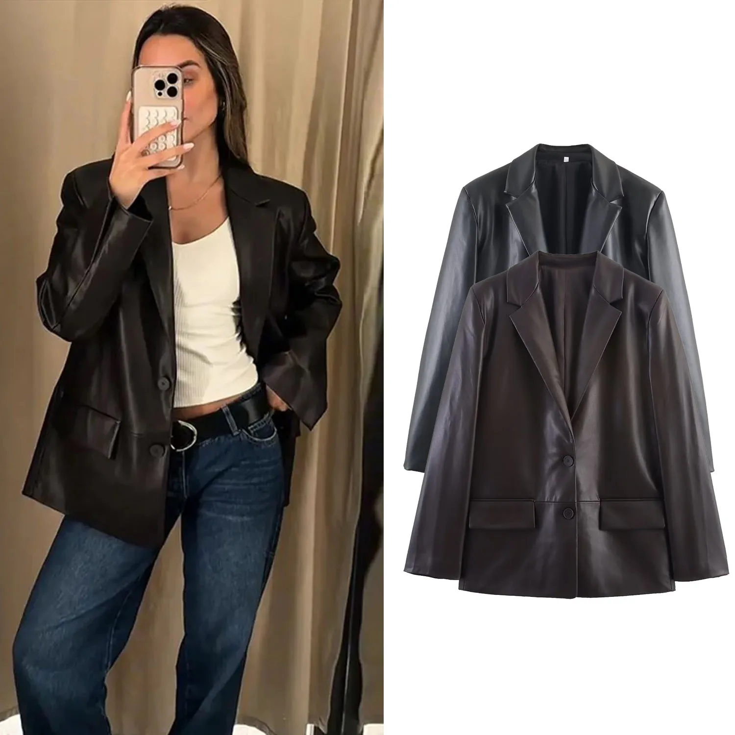 Primavera outono jaquetas streetwear feminino vintage blazers de couro jaqueta feminina terno-gola oversize manga longa casaco casual topos