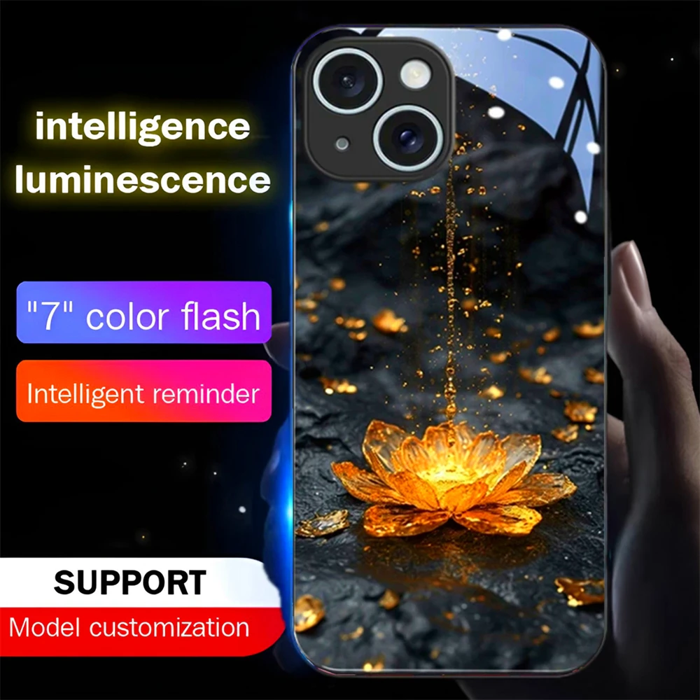 

Luxury Golden Lotus LED Calling Light Flash Phone Case Glitter Cover For iPhone Air 17 16 E 15 14 13 12 11 Pro Max Plus
