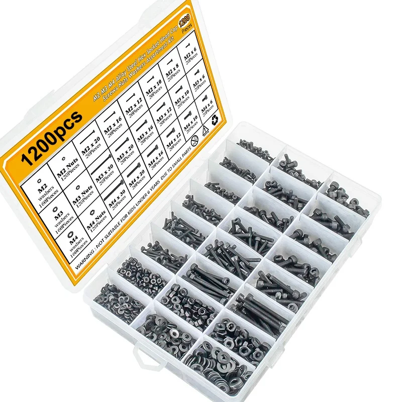 Carbon Steel Screws Nuts and Washers Set, Black, M2, M3, M4, Hex Socket, Head Cap Bolts, Nuts Assortment Kit, 1200Pcs