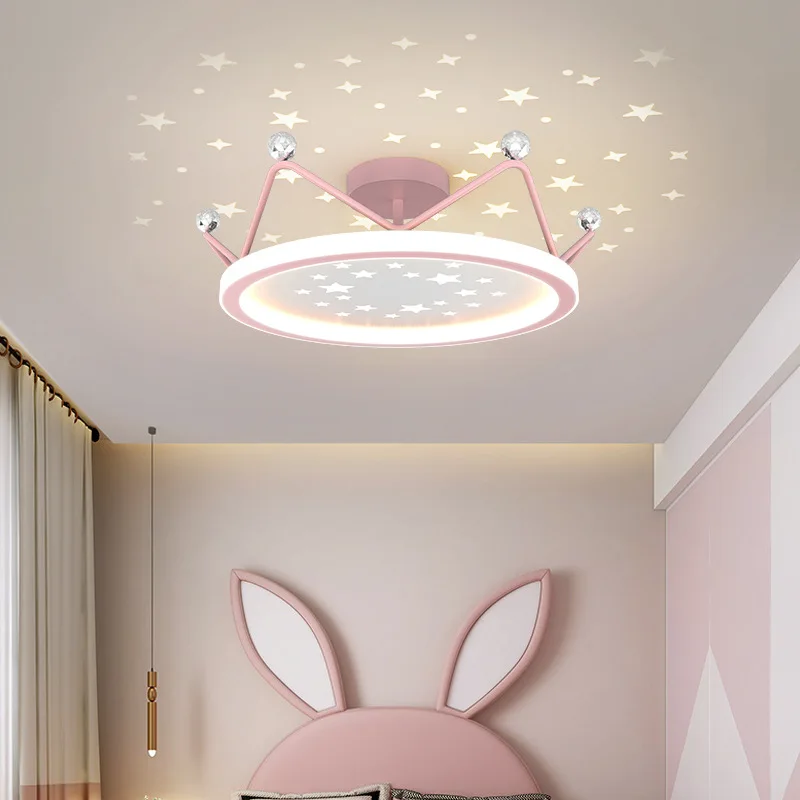 Pink Princess Room Ceiling Lamps Starry Projection Crown Lamp Modern Romantic Warm Children\'s Room Girl Bedroom Ceiling Lights