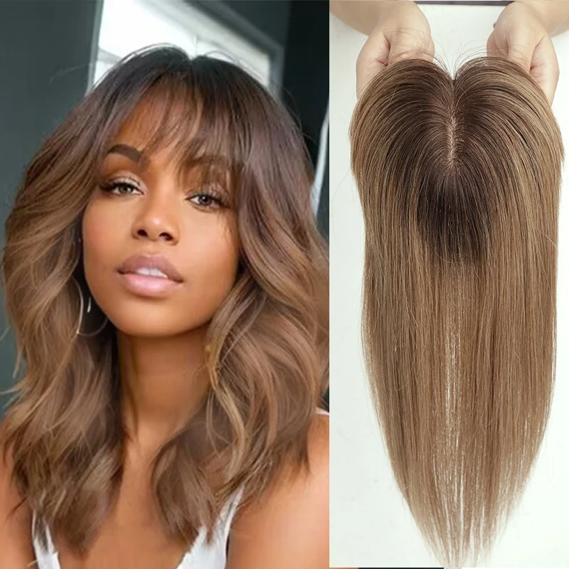 

Human Hair Toppers with Bangs 100% Real Remy Hair Topper Silk Base Clip in Hairs Pieces for Women Afro Thinning Hair Ombre Brown