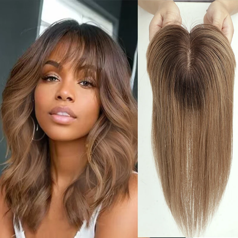 Real Remy Cabelo Toppers com Franja para Mulheres, Clipe Base de Seda em Hairpieces, Cabelo Afro Fino, Ombre Brown, 100% Cabelo Humano