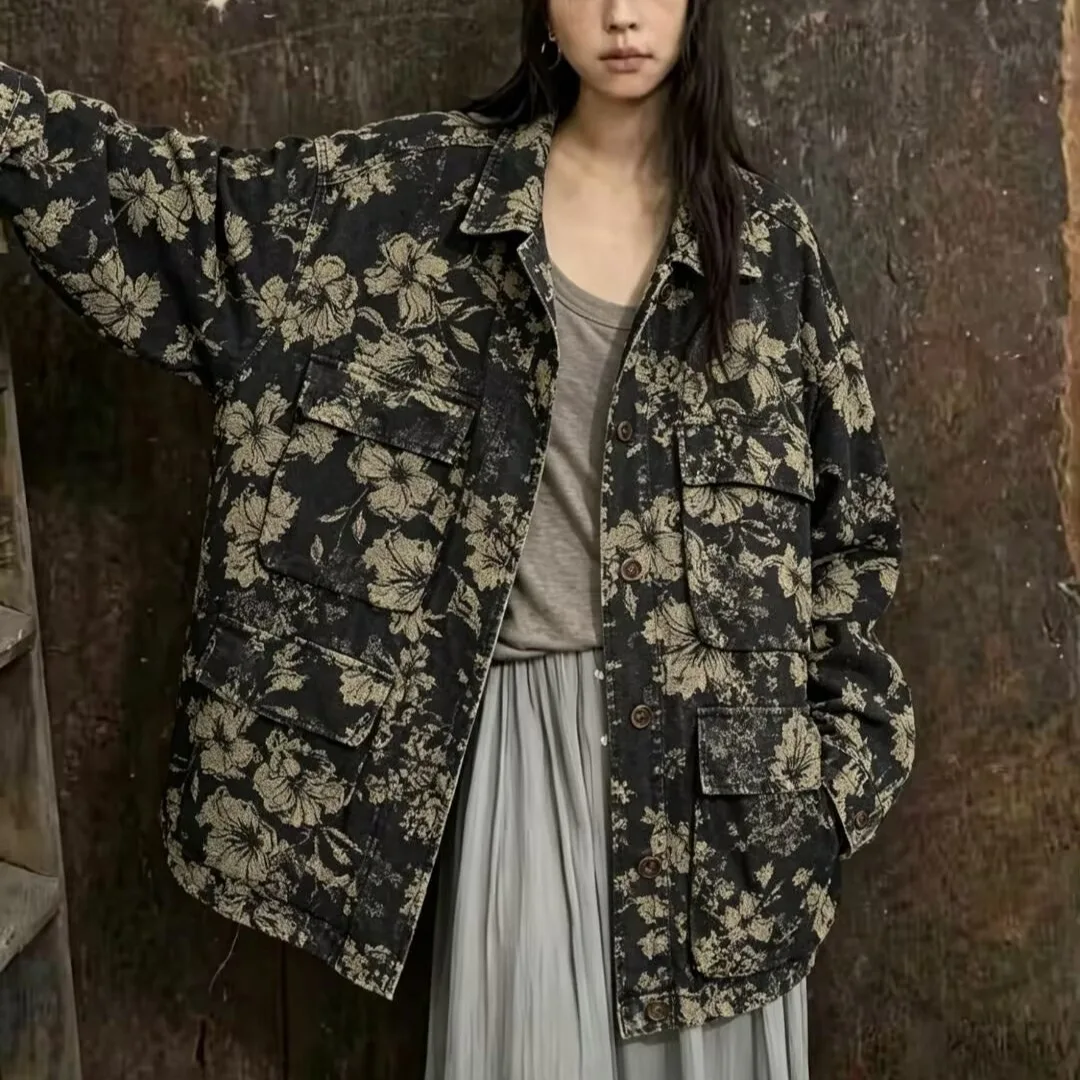 SuperAen 2026 Spring and Autumn New European and American Style Retro Floral Patched Denim Jacket for Women Loose Polo Coats