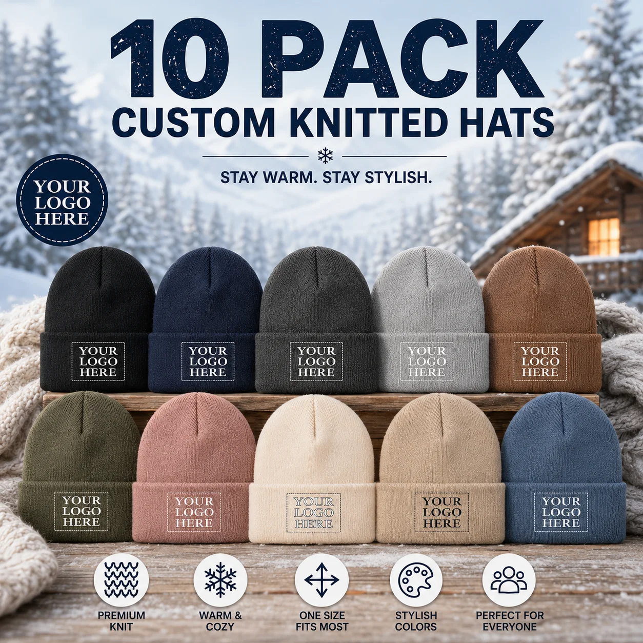 10-Pack Customizable Knitted Hats Unisex Comfortable Warm Winter Caps with Personalized Logo/Text Multiple Colors Available