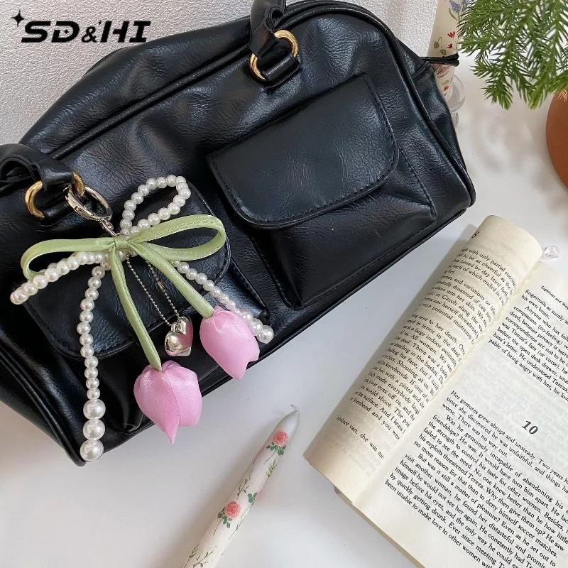 Bag Charm Pendant With Ribbon Pearl Tulip Phone Lanyard Jewelry For Women Key Chains DIY Decoration