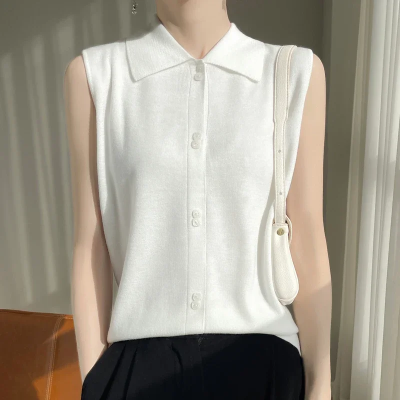 Spring and Autumn New POLO Collar Top Shirt Women's Sleeveless Wool Knitted Tank Top Thin Inner Layup Top