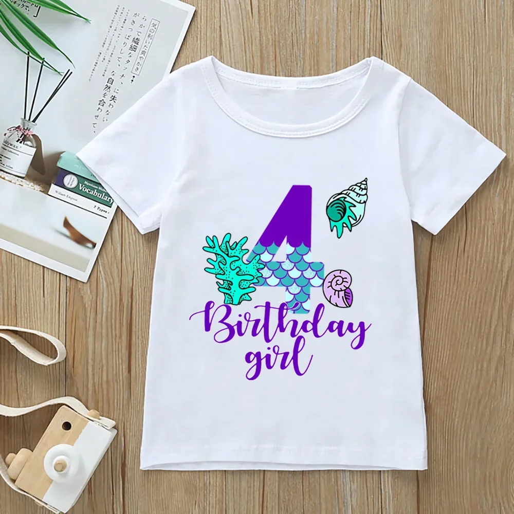 Age 1-9 Birthday Girls Tshirt Cute Mermaid Graphic Print T-shirt Children's Clothing Tees Fashion Kawaii Clothes Tops