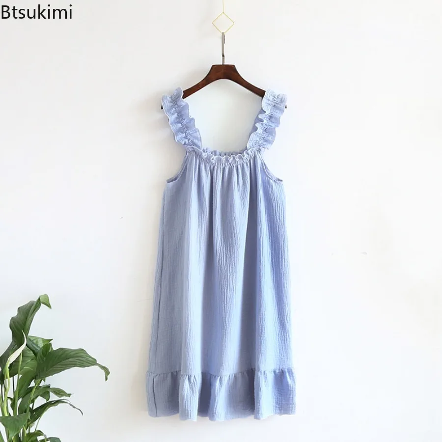 New 2025 Women's Summer Nightdress 100% Cotton Crepe Thin Vest Suspender Skirt Loose Long Skirt Sweet Cute Home Robes for Women