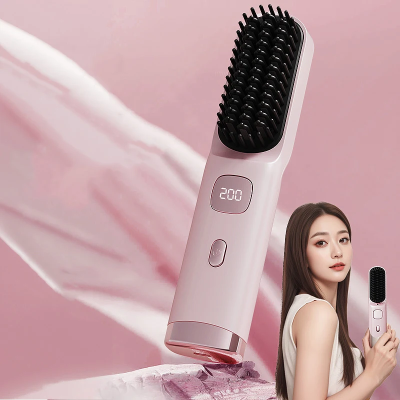 Cordless Portable Hair Straightener Brush with 9600mAh Battery & USB-C Charging Anti-Scald Comb for Travel