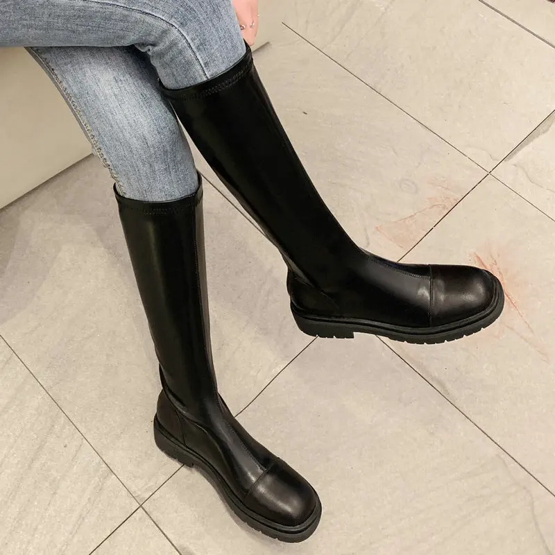

2024 Punk Women Platforms Knee High Boots Motorcycle Boots Med Heels Genuine Leather Shoes Woman Spring Winter Size 34-40
