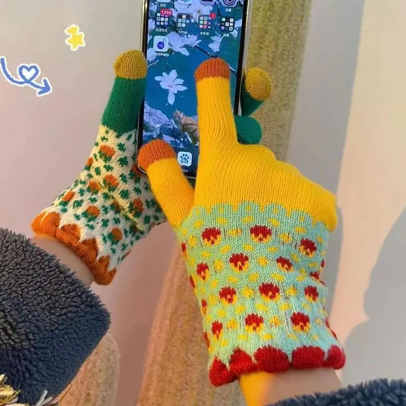 Winter Knit Touchscreen Gloves Color Contrasting Warm Knit Texting Gloves Stretch Knitted Texting Gloves Winter Knit Gloves Warm