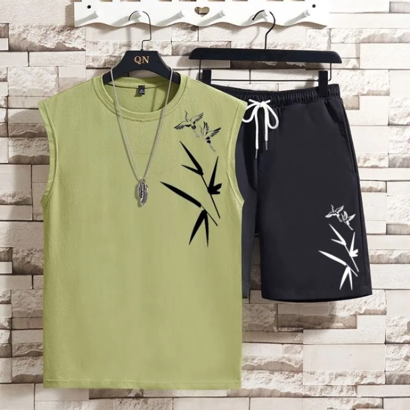 

Men Summer Casual Two Piece Set Chinese Style Sleeveless Vest T Shirt Niche Design National Trend Outfit