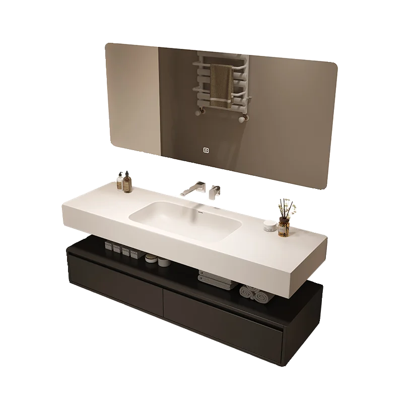 

New Corian all-in-one washbasin rubber wood paint-free modern and simple bathroom cabinet