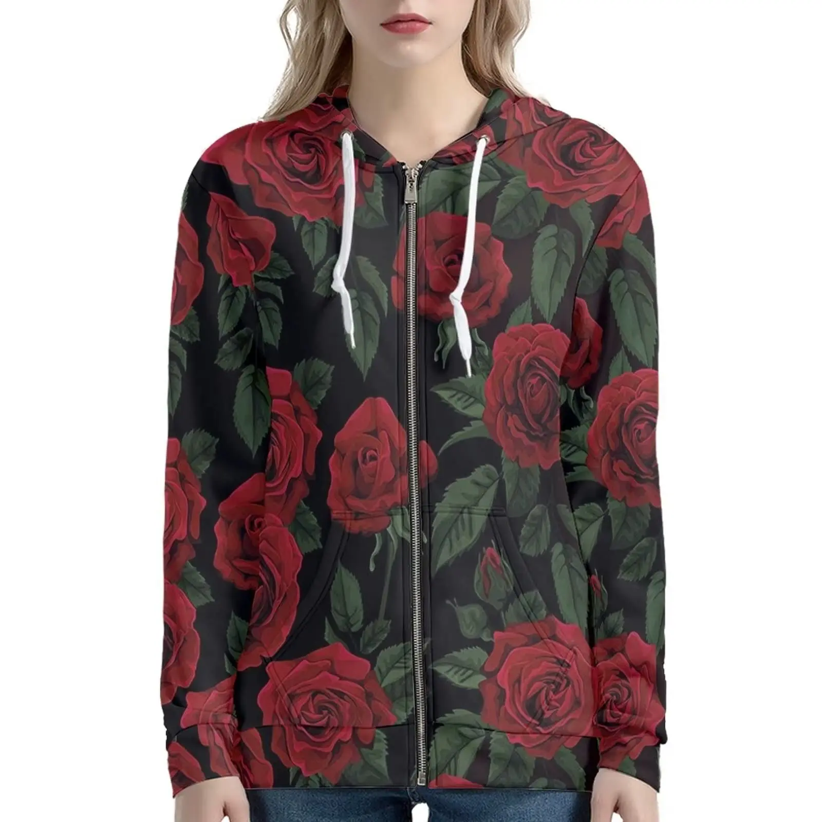 

Fashion Women Hoodies Pretty Floral Rose 3D Printed Pockets Coats Zip Up Hoodie Long Sleeve Streetwear Valentine's Day Gifts