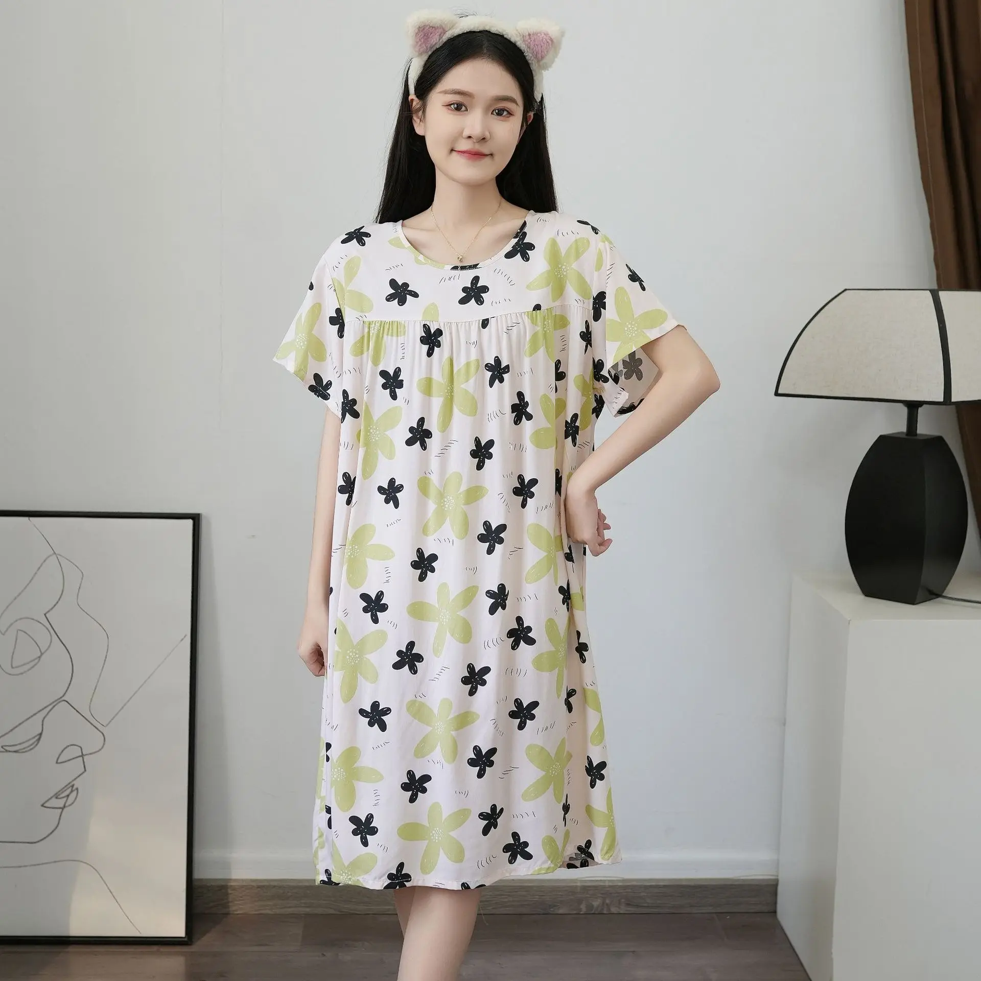 Summer One Piece Dress Sleepwear For Sleeping Woman Thin Night Wear Printing Home Wear Dress Nightgown Printing Sleepshirt