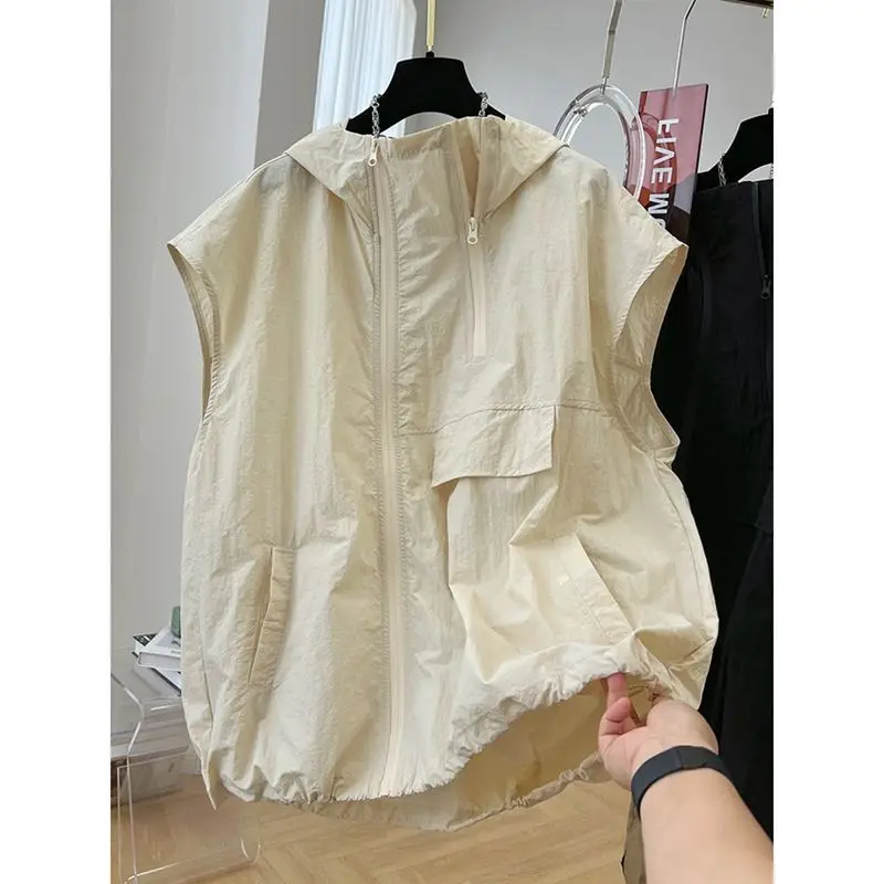 Summer Zipper Wear Outside Thin Men Hooded Tank Top Pocket Drawstring Waist Korean Fashion Harajuku 2xl Oversized Vest Clothing