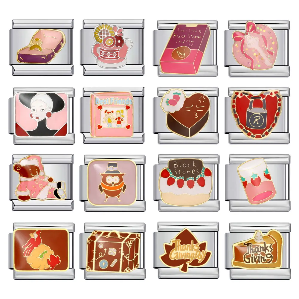 Semkeiyee Sweet Cake Chocolate Lock Heart Bear Women Pink Italian Charm Link Stainless Steel Bracelets Making DIY Beads Jewelry