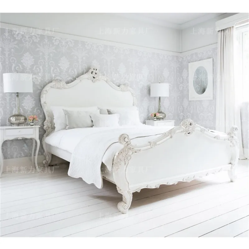 French retro bed white old antique handmade solid wood carving rococo palace luxury master bedroom double bed