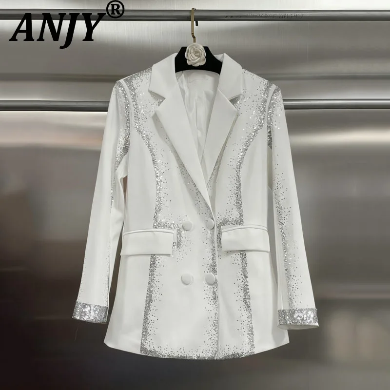 ANJY Spring Autumn New Women European Fashion Elegant Gradient Shiny Blazer Versatile Chic Tide Shoulder Pads Suit Jacket A18884