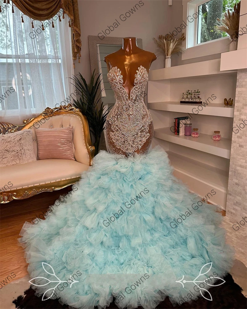 Light Blue Bead Cristal Long Prom Dress Meninas pretas 2024 Sparkly Birthday Party Dresses Ruffles Vestido de noite Robe De Customized