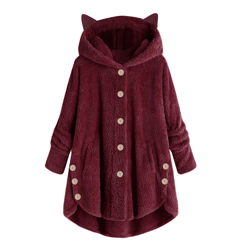 Fashion Warm Fleece Hoodies Women Autumn Winter Casual Kawaii Loose Sweatshirts Fluffy Long Pullovers Button Hooded Coat