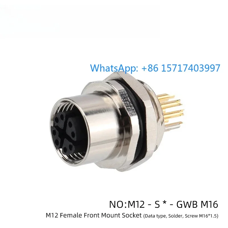 M12 rear/front installation female metal socket 8-pin X code locking screw M16 * 1.5 solder/printed circuit board socket