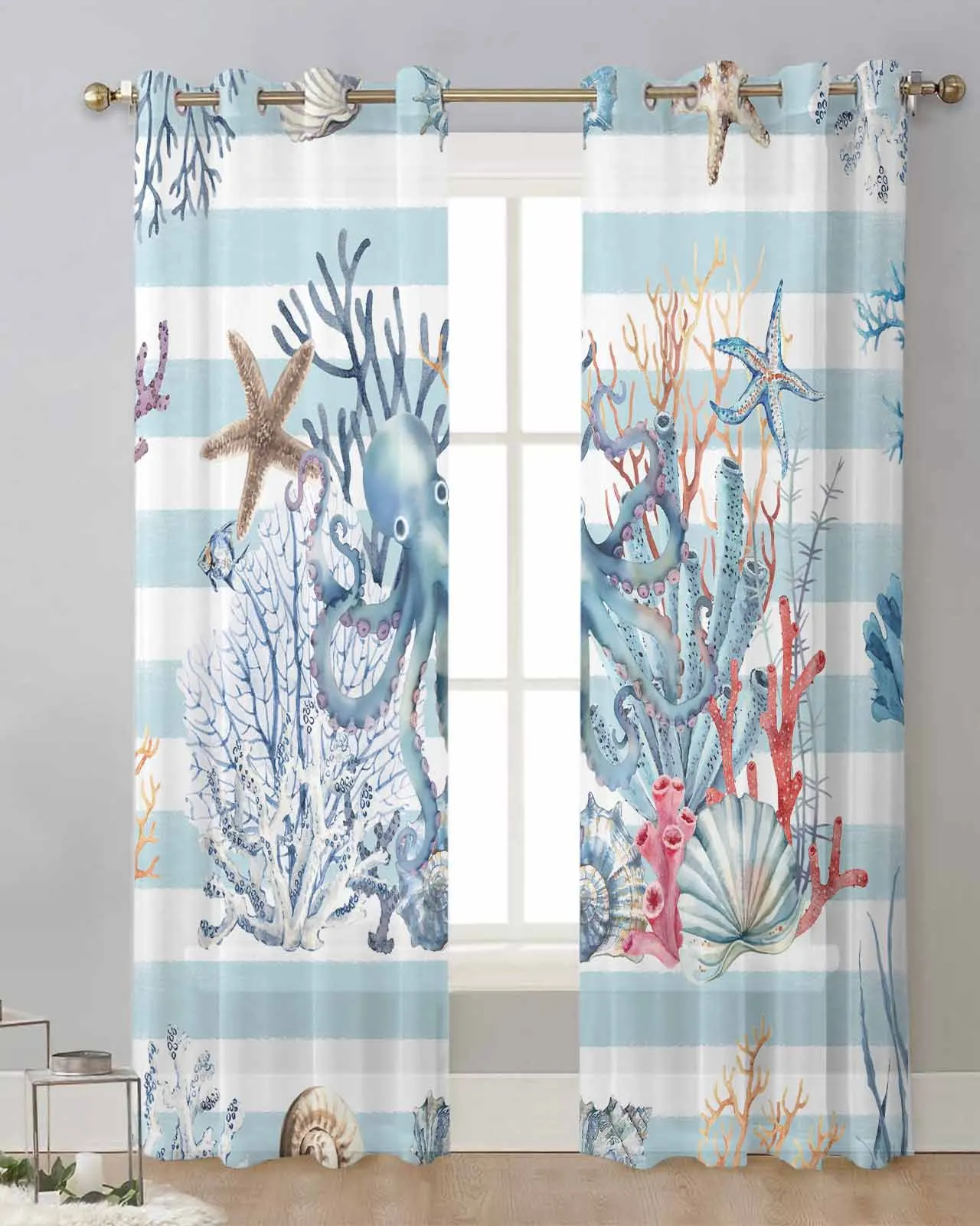 Ocean Blue Striped Coral Starfish Shell Conch Octopus Voile Curtain Window Treatment Drapes for Living Room Tulle Sheer Curtains