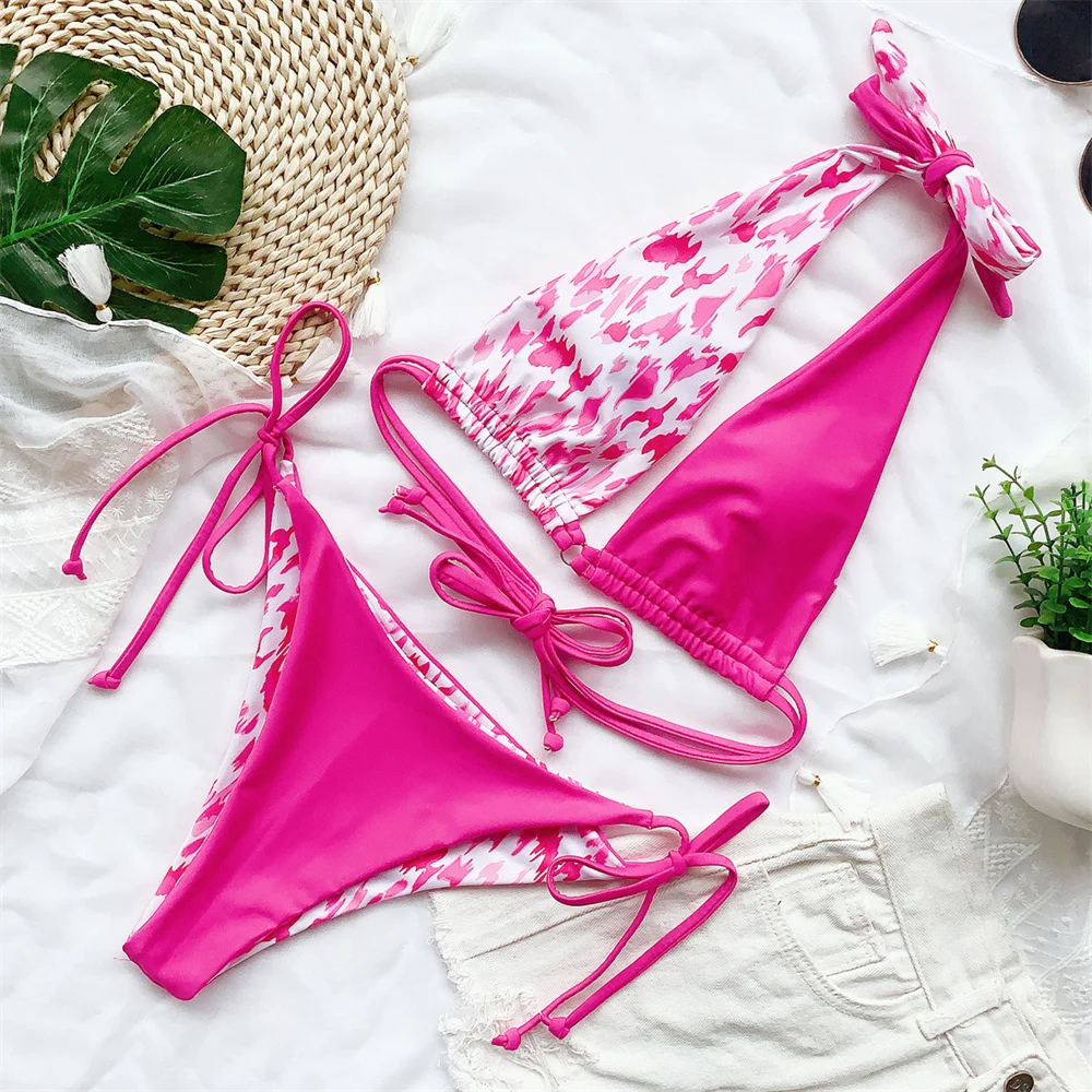 섹시한 프린트 비키니 백 레스 붕대 홀터 매듭 수영복 가역 가죽 끈 패치 워크 수영복 여성 비치 복장 수영복