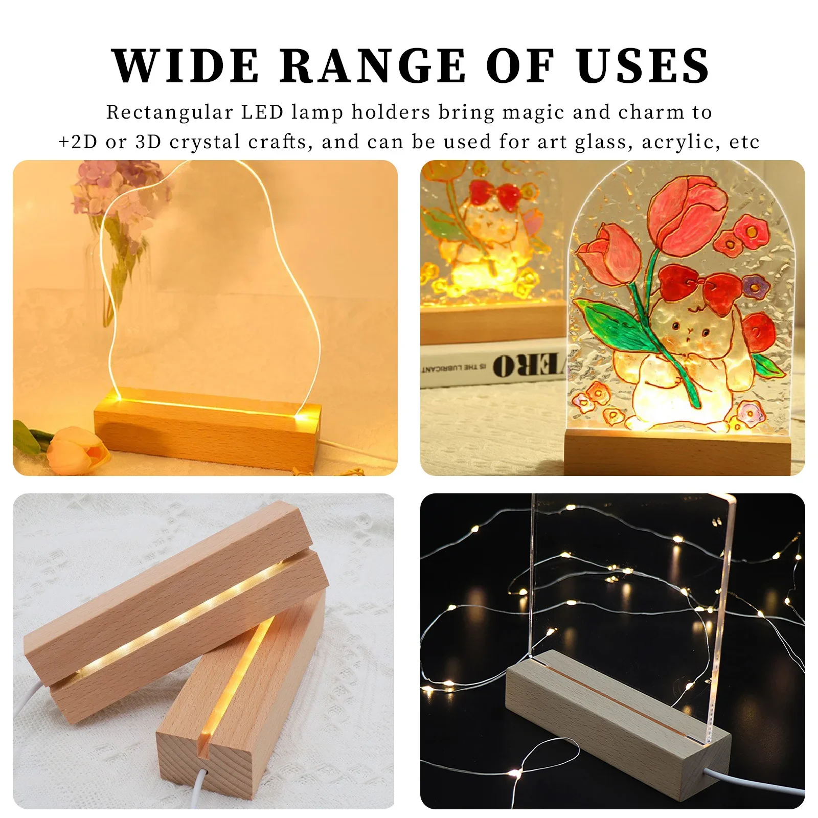 Base per Display in legno a LED supporto per luce USB rettangolare per ornamento artistico in resina di cristallo Base per lampada da notte in legno