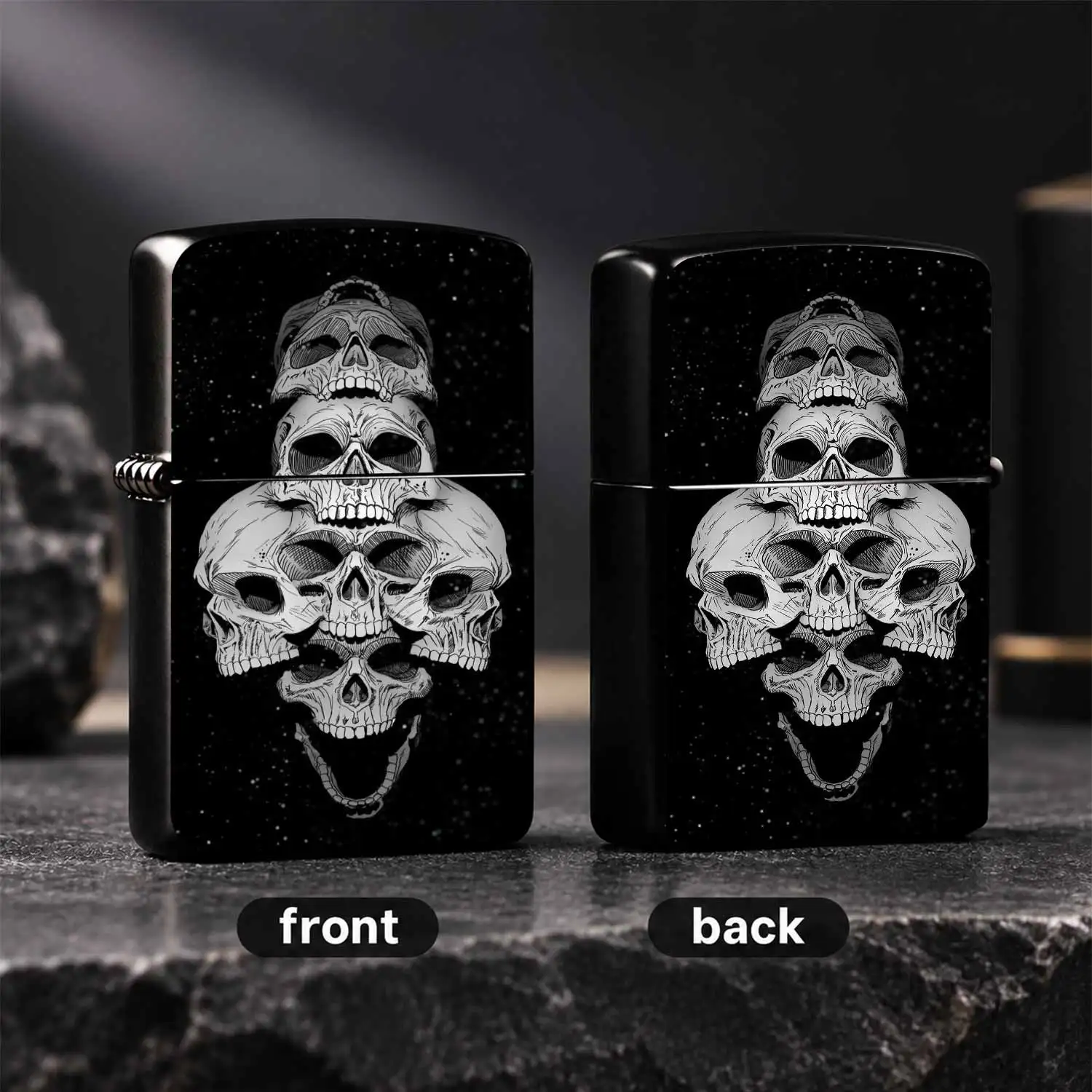 Vintage Dark Stacked Skull Pattern , Hand-Drawn Style Star Dust Background Durable Housing Portable Igniter, Cool Niche Collectible Edc Accessory, Ideal Gift For Skull Enthusiasts For Daily Outdoor Use And A Fun And Humorous Lighter