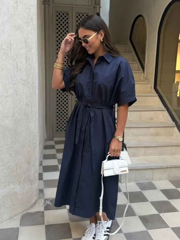 

Autumn Casual Lace-up Shirt Dress Women's Flip Collar Single Breasted Short Sleeve Skirt Lady Elegant Solid Color Long Vestidos