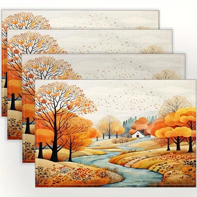Autumn Country Landscape Placemats Golden Fall Tree River Village Oil Painting Table Mats Rustic Farmhouse Decor Placemat