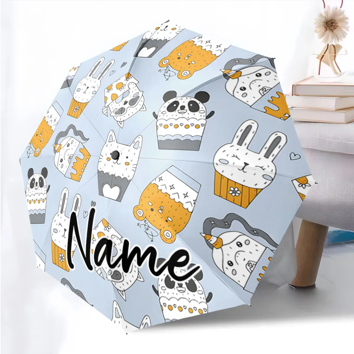 Custom Name Cute Cartoon Animal Umbrella for Kids and Adults Print 8 Iron Ribs Folding Umbrella Auto-Open Fashion Sunshade