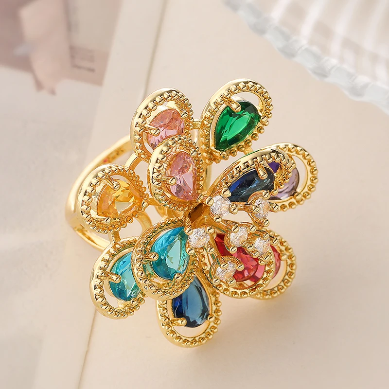 GANPUP Luxuriöser offener Fingerring mit farbigen Zirkonia-Blumen für Damen, für den täglichen Gebrauch, funkelnder, verstellbarer Ring, Schmuck, Hochzeitsgeschenk – Detail 2